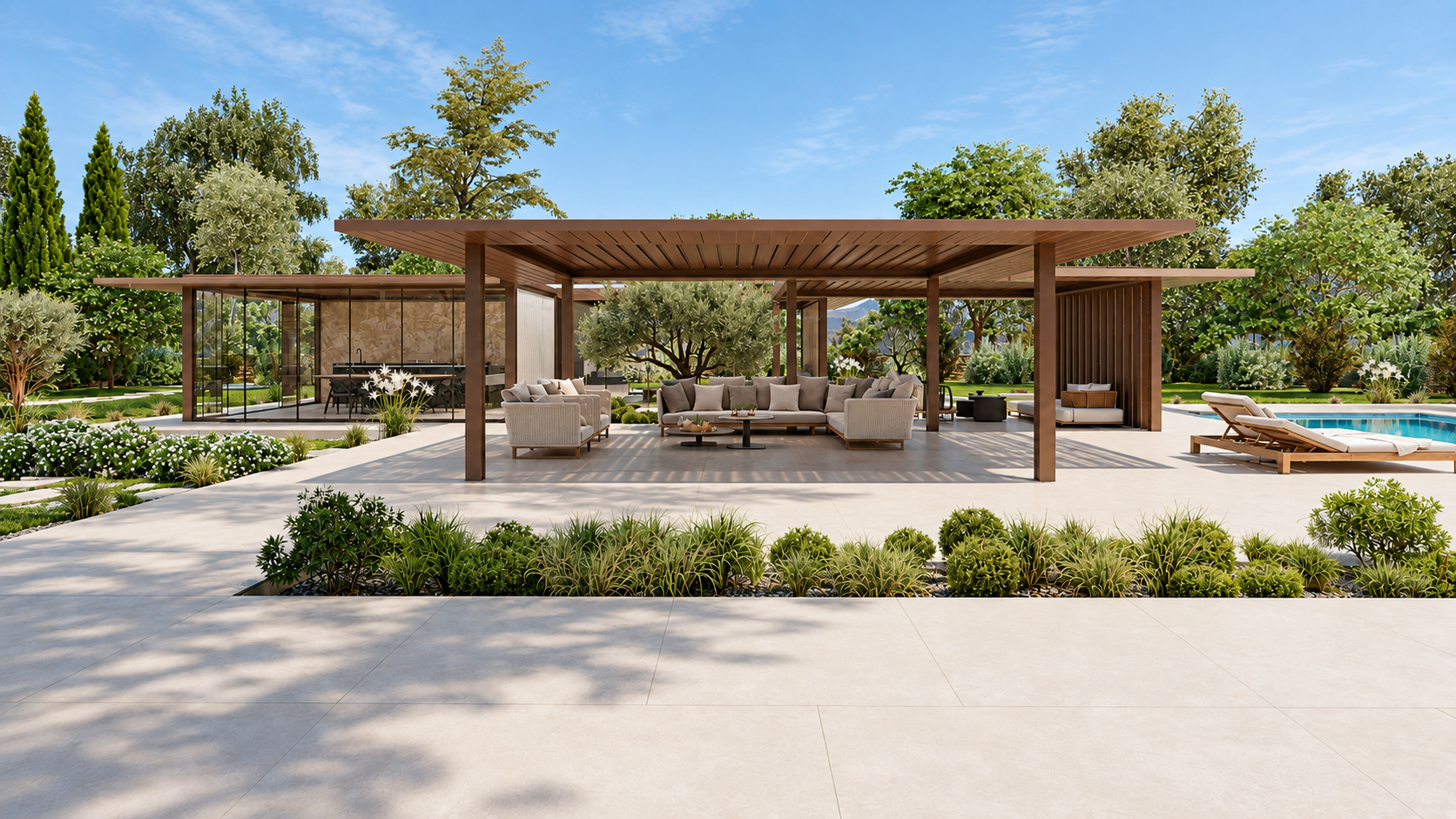 Neutro pavilion by the pool in daylight